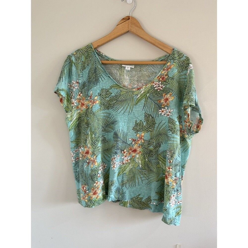 J Jill Love Linen Blue Tropical 100% Linen Palm Tree Top Women's XL